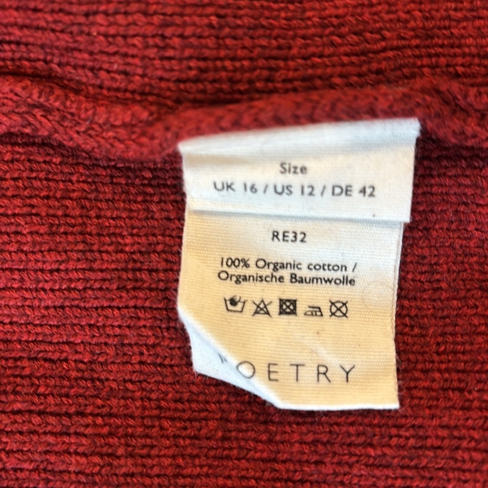 Poetry long cardigan,organic cotton,chili red, long,front pockets, size 12 - Picture 3 of 9